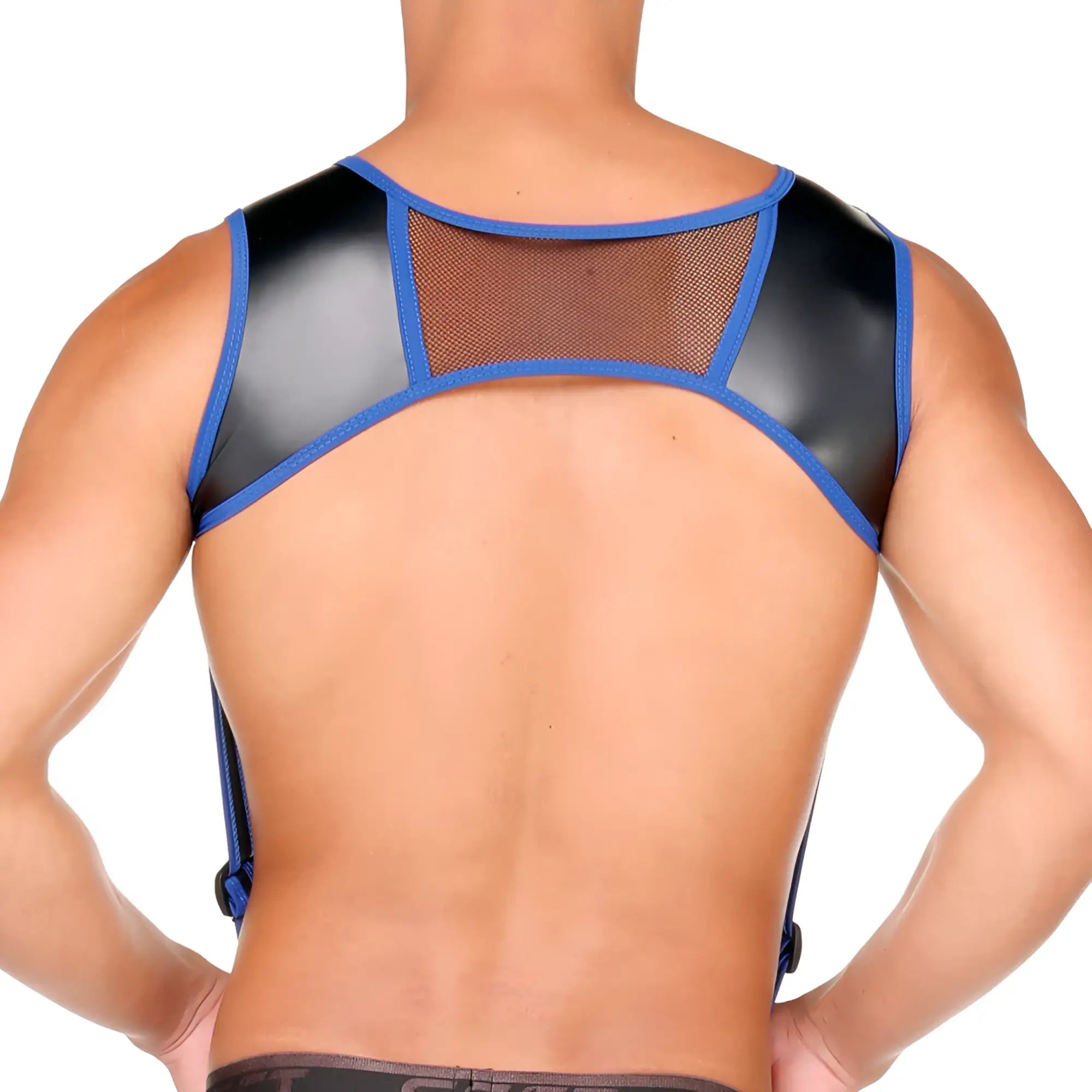 Black and blue faux leather shoulder harness with mesh panel for fetish wear shown from the back side