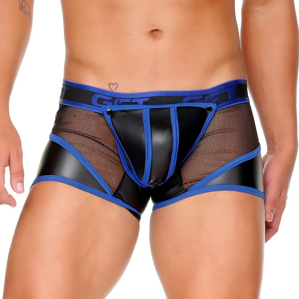 Gigo fetish blue trunk black and blue faux leather briefs with mesh panels and bold got logo on waistband
