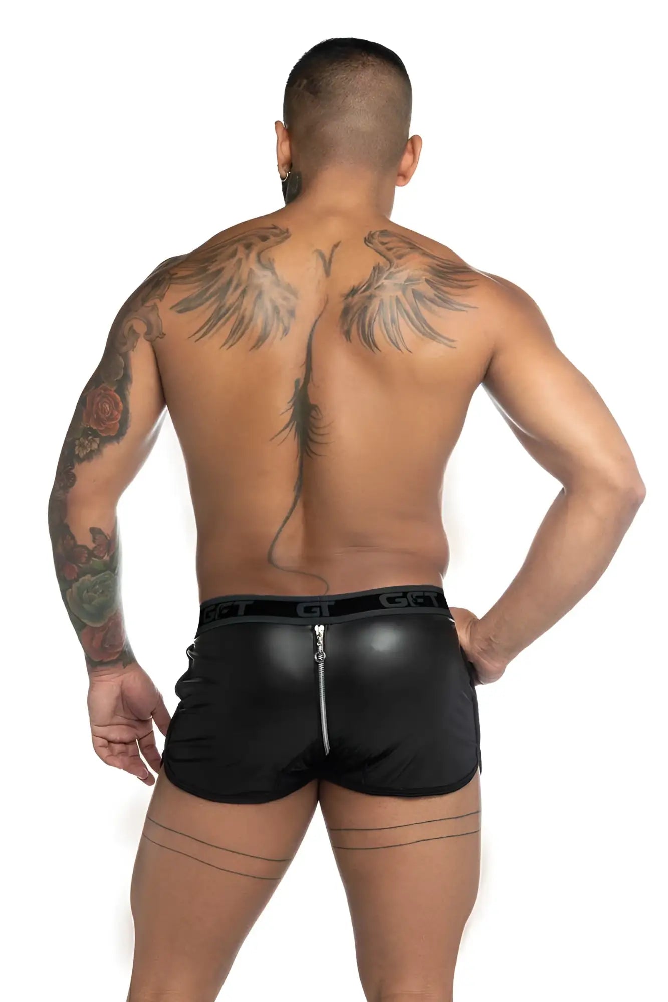 Black faux leather Gigo fetish shorts with central front zipper and branded waistband size S