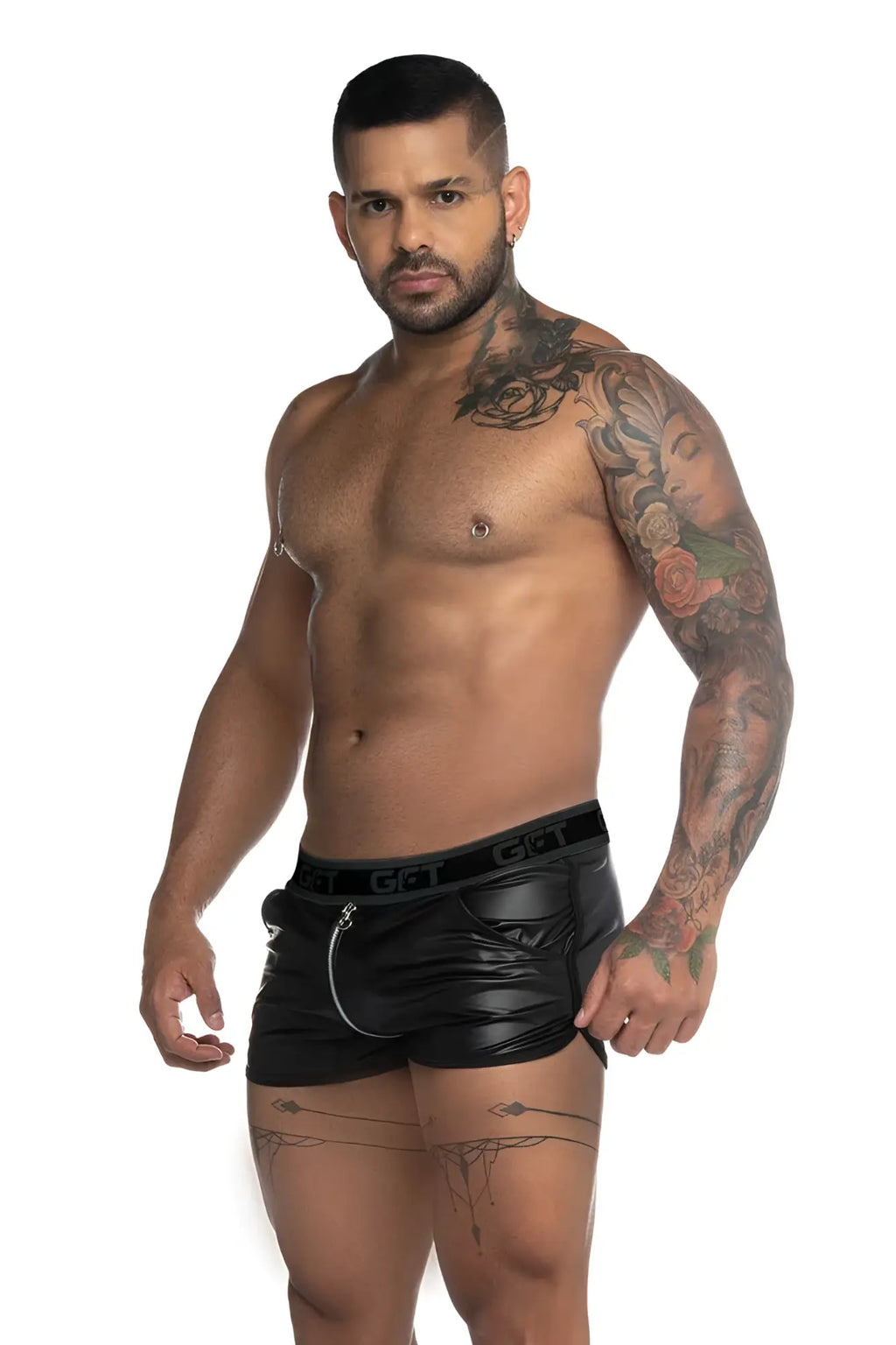 Black patent leather Gigo fetish shorts with double zipper and elastic waistband featuring g&t branding size S