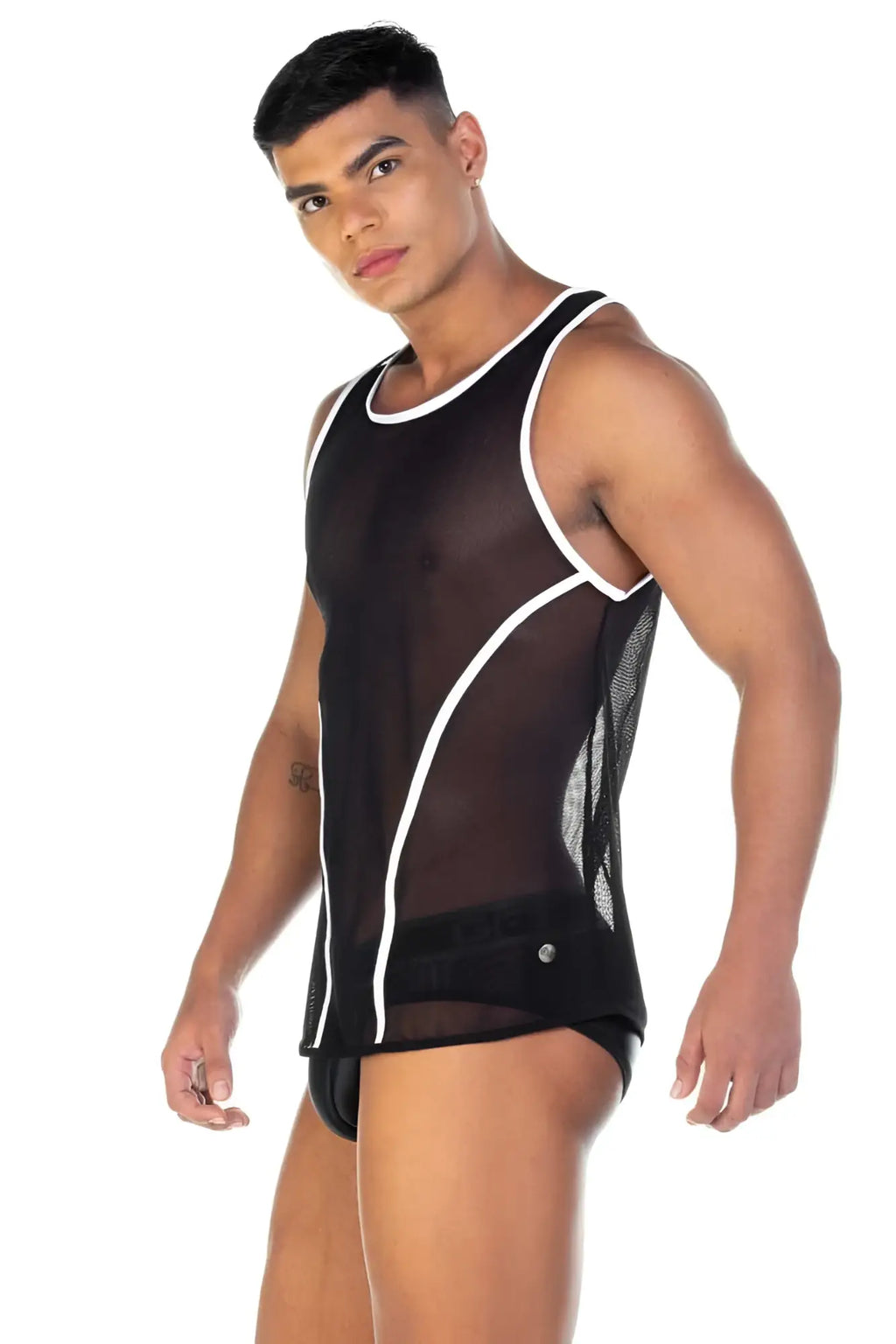 Gigo fetish curves mesh piping tank top in black sheer mesh with white trim and side panels size m
