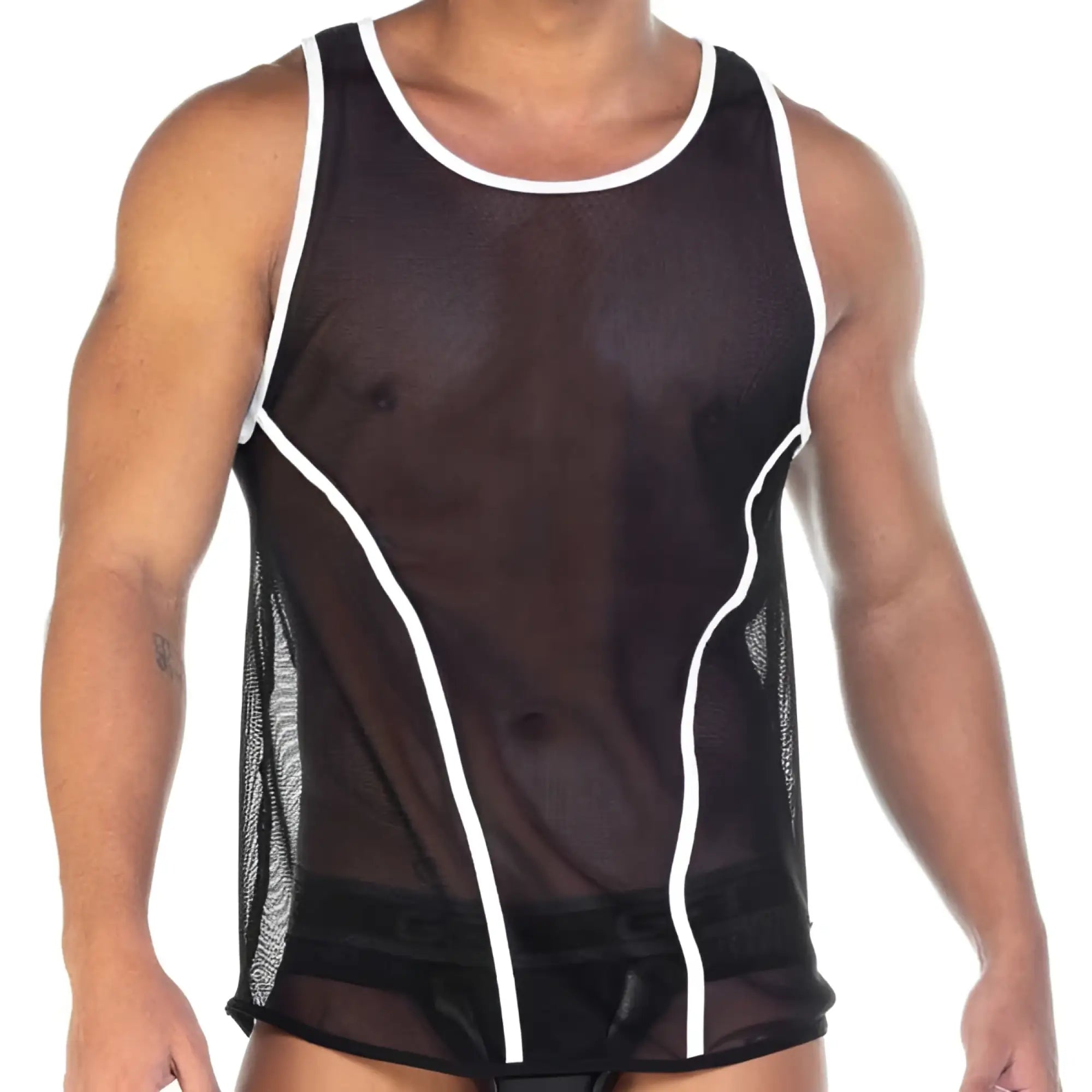 Black mesh tank top with white piping trim from Gigo Fetish Curves in size medium, breathable and stylish design