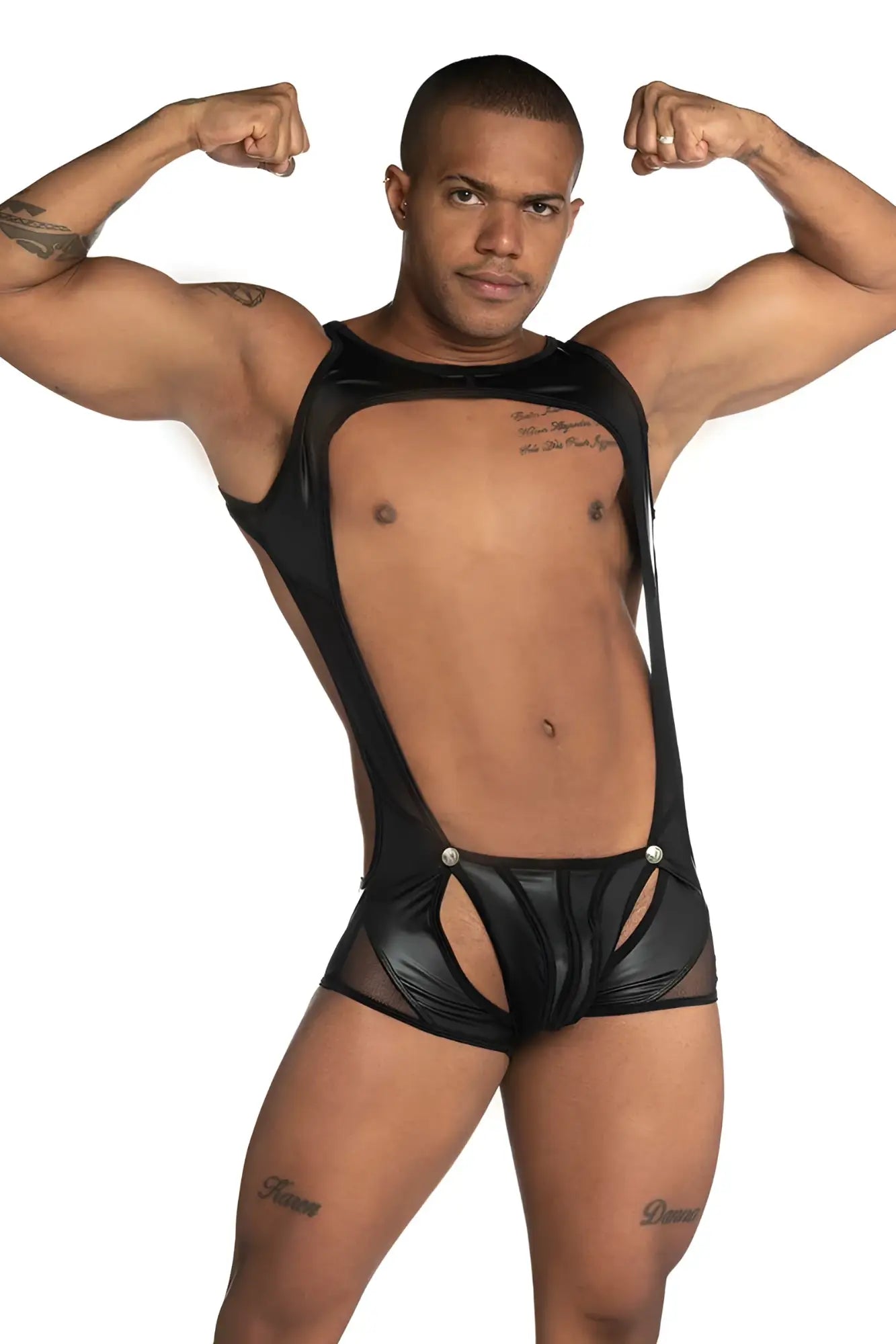 Black shiny faux leather singlet bodysuit with mesh panels and silver button accents gigo fetish size s