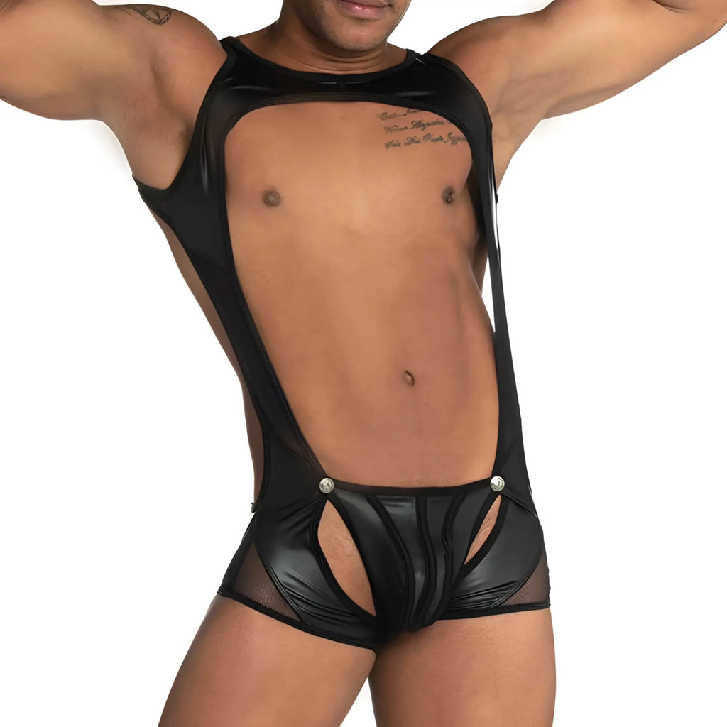 Black shiny latex singlet bodysuit with mesh panels and silver button fastenings by gigo size s