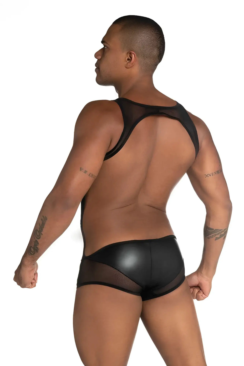 Black mesh and faux leather men’s underwear with backless design from Gigo Fetish detachable piping singlet bodysuit size s