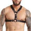 Black leather Gigo fetish harness with silver metal studs and rings designed for edgy fashion and bdsm use