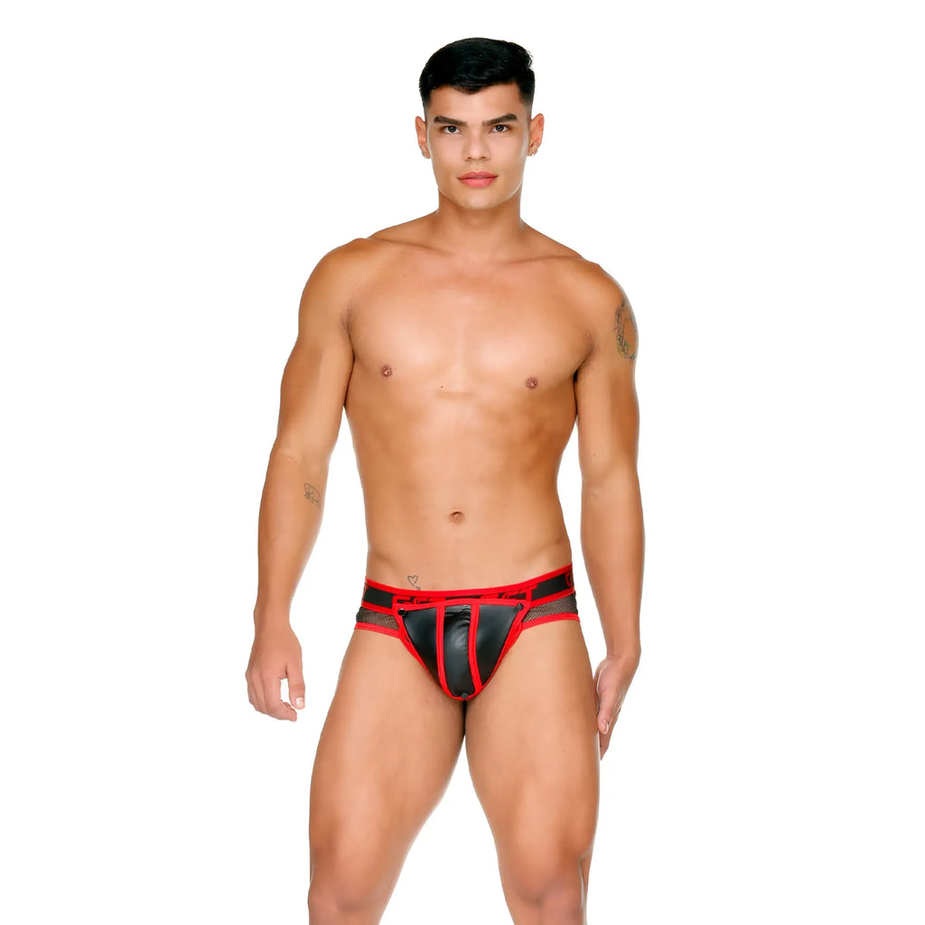 Black and red leather-trimmed men’s briefs with a bold modern design from gigo fetish red brief collection