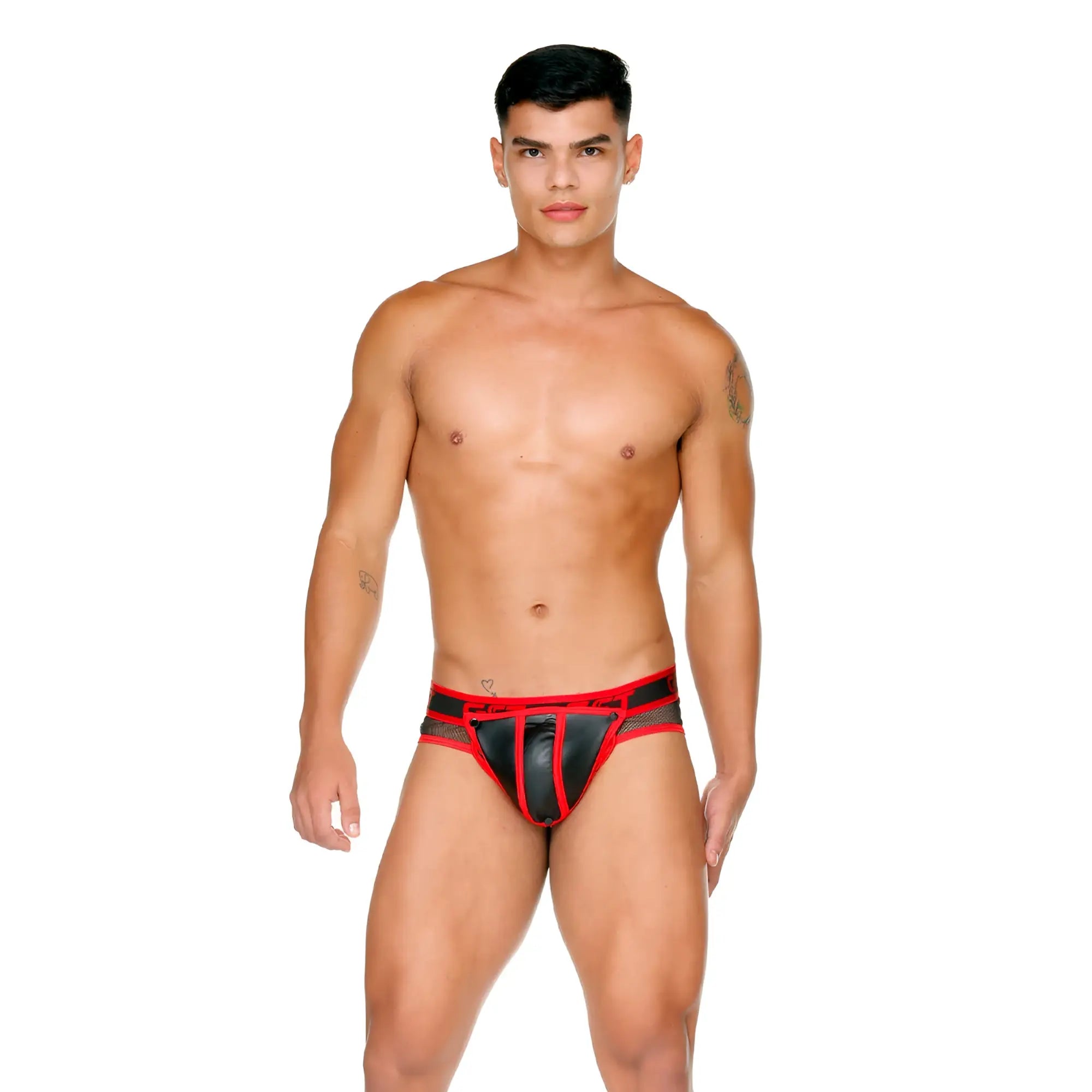 Black and red leather-trimmed men’s briefs with a bold modern design from gigo fetish red brief collection