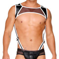 Black and white faux leather harness top with mesh panels designed for fetish wear by gigo fetisht white harness