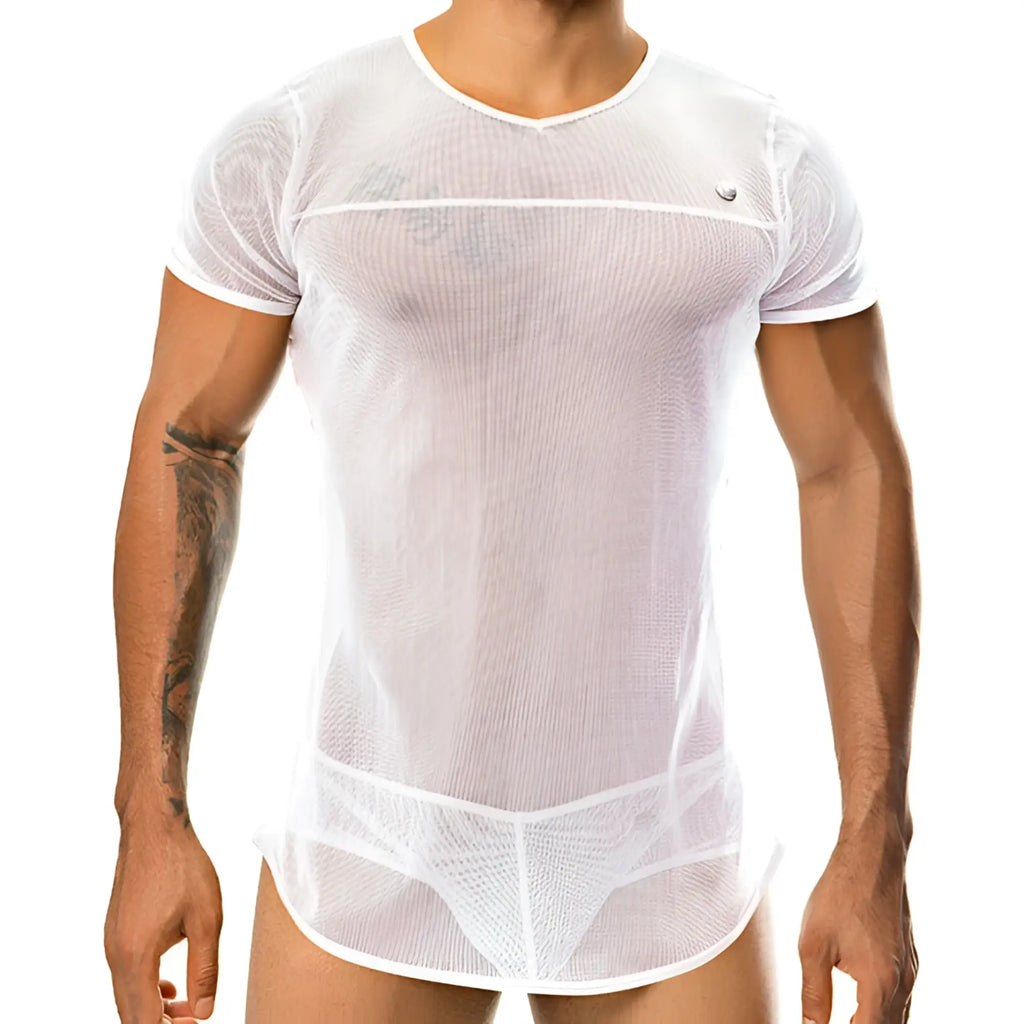 White mesh men’s short-sleeved top with v-neck and reinforced white trim gigo fire white size xl
