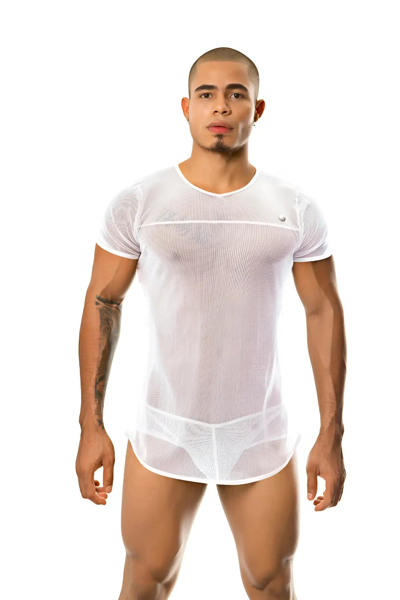 Gigo fire white short sleeved t shirt in white mesh with a v neckline and sheer form fitting design size xl