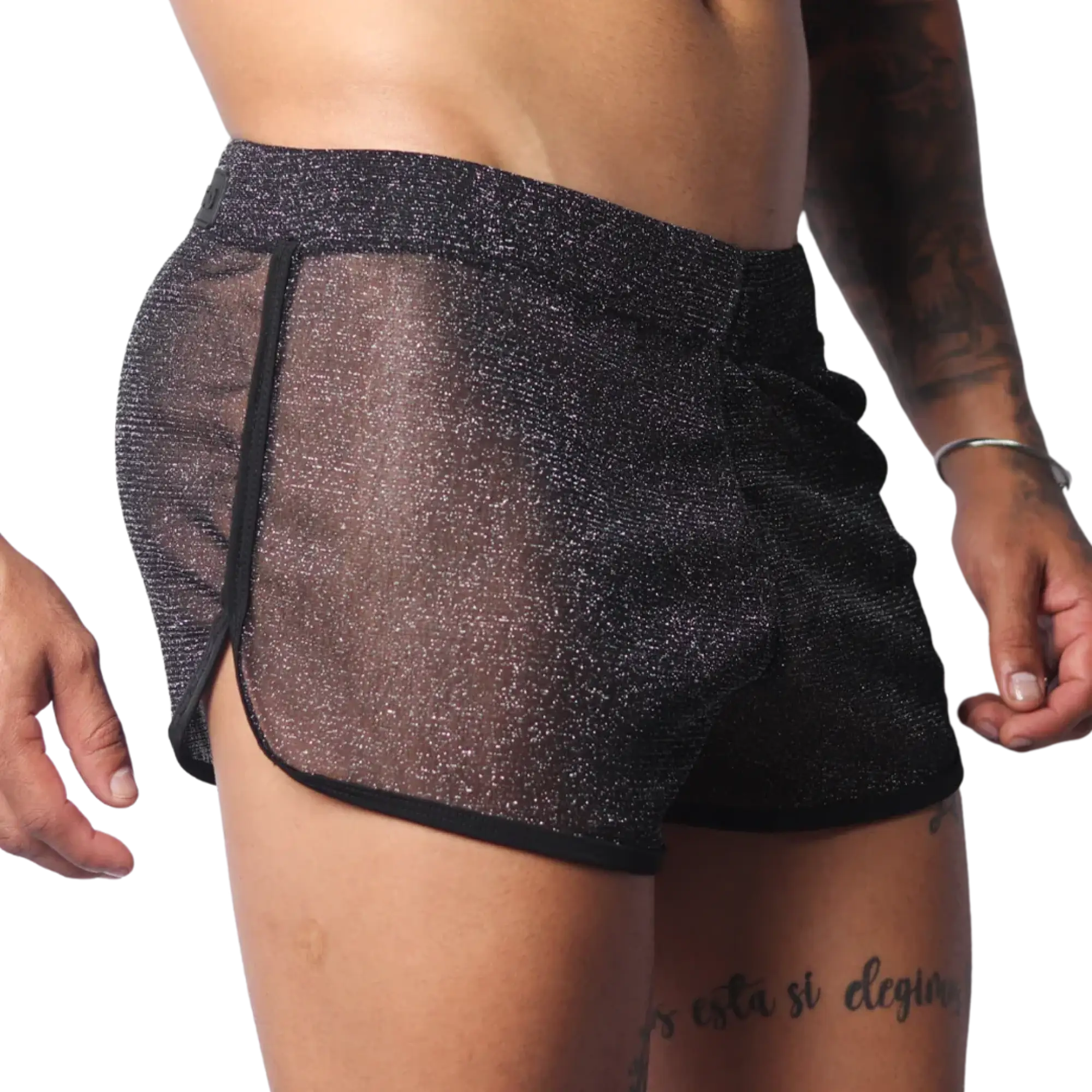 Sheer black glittery mesh shorts with a slim athletic fit and solid black trim edging.