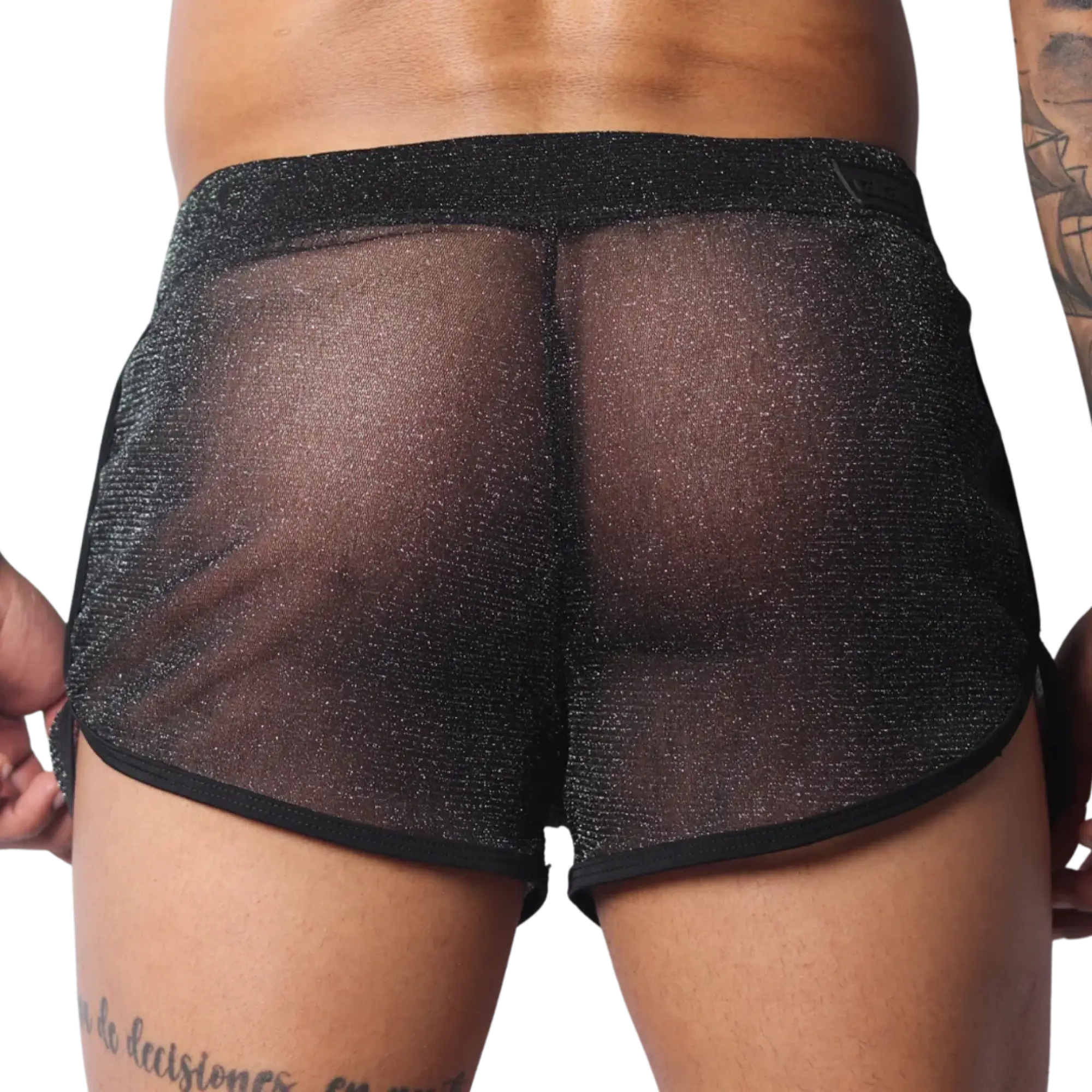 Sheer black athletic short with a subtle metallic shimmer, featuring a wide waistband and black trim.