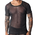 Black sheer scoop-neck T-shirt in a shimmering, fine-knit metallic fabric.