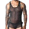 Black semi-sheer mesh tank top with a subtle glitter finish and solid black trim, worn over matching briefs.