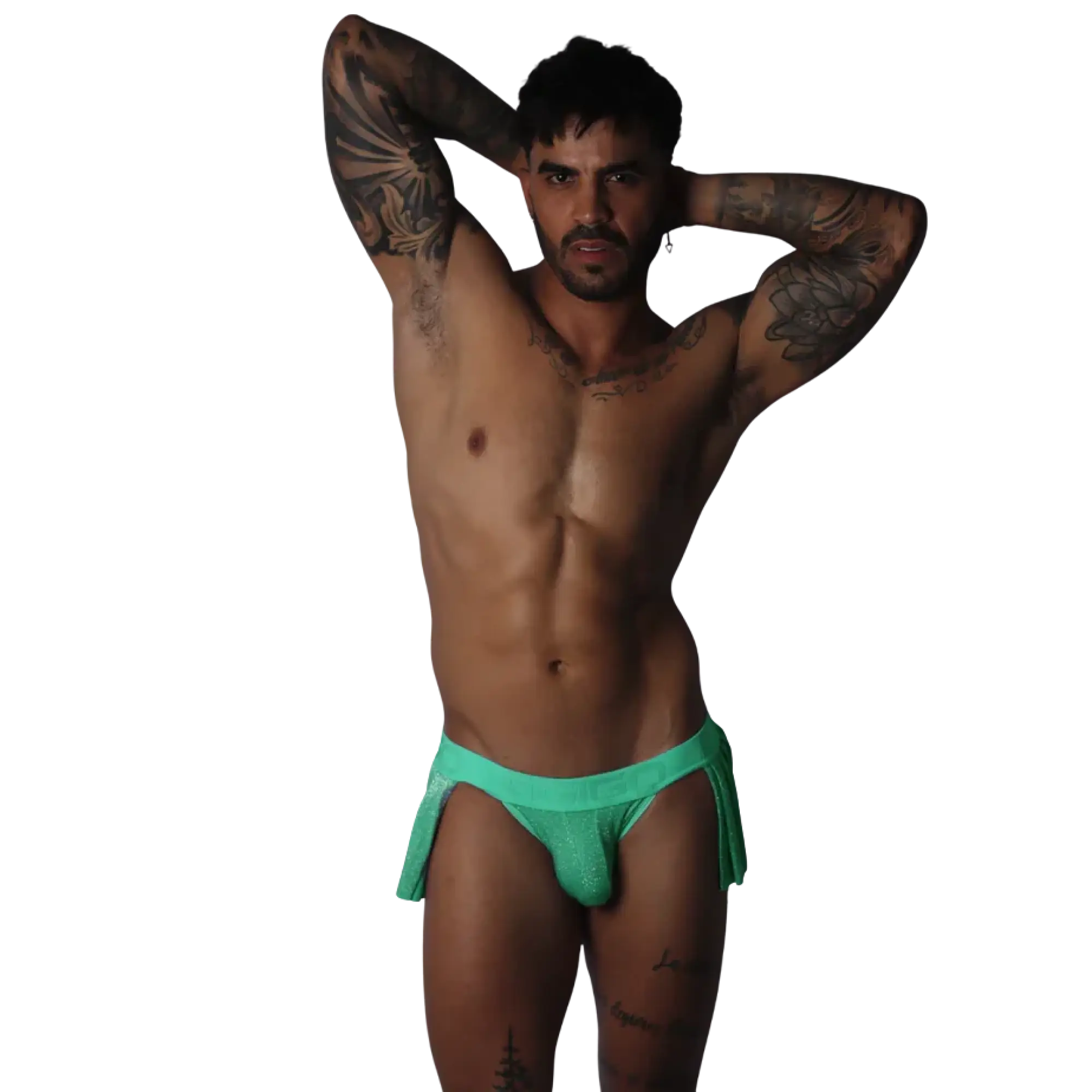 Flash green Gigo skirt with a glittery fabric finish and a logo-embossed waistband.