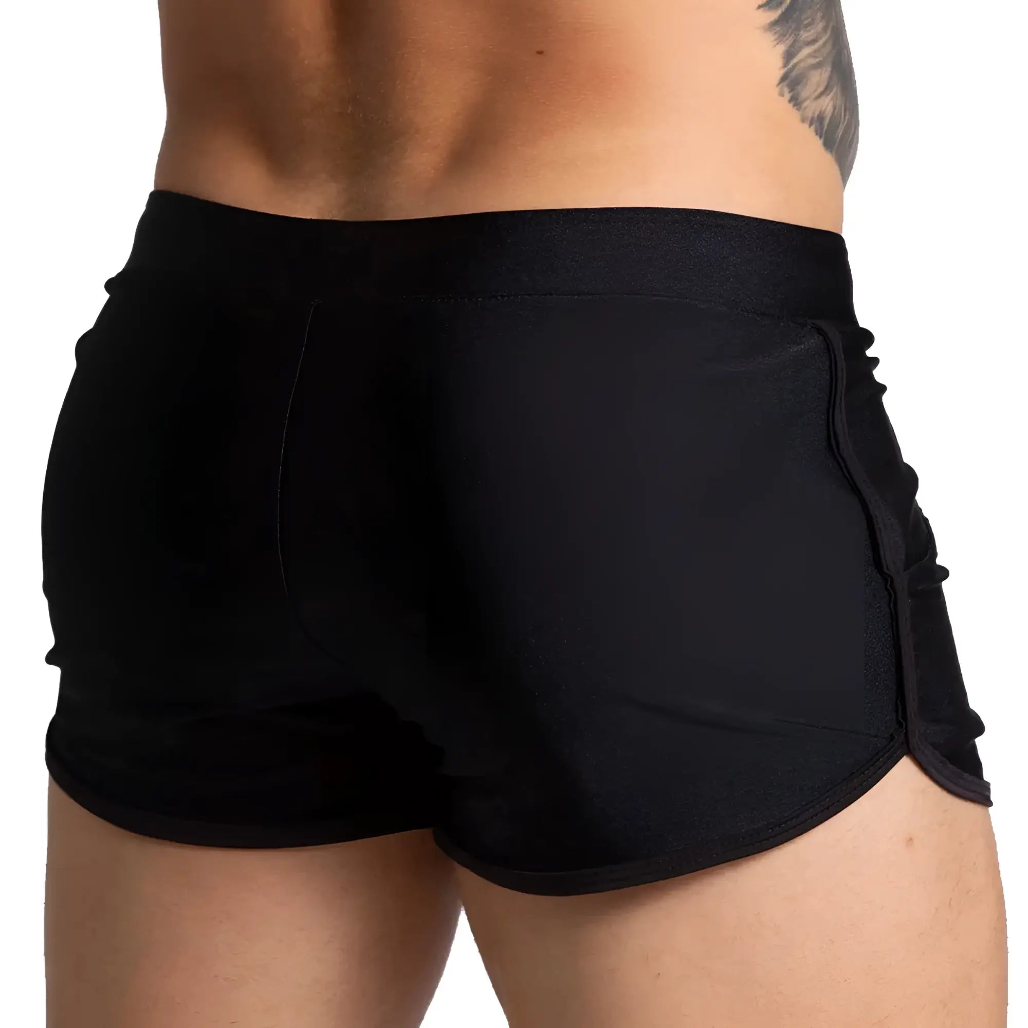 Black athletic shorts by gigo with textured fabric and side ruching detail perfect for beachwear use