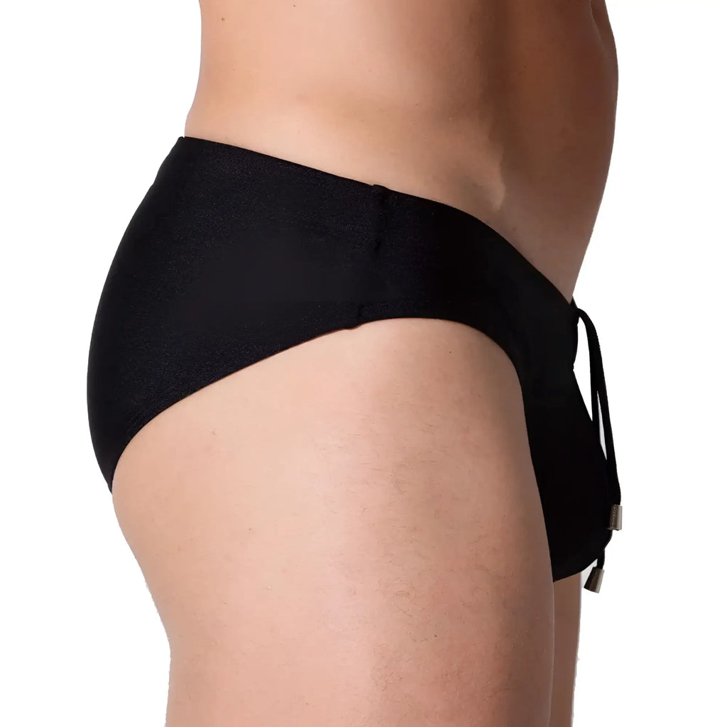 Black gigo flashing swim brief with textured fabric and side drawstring for secure fit