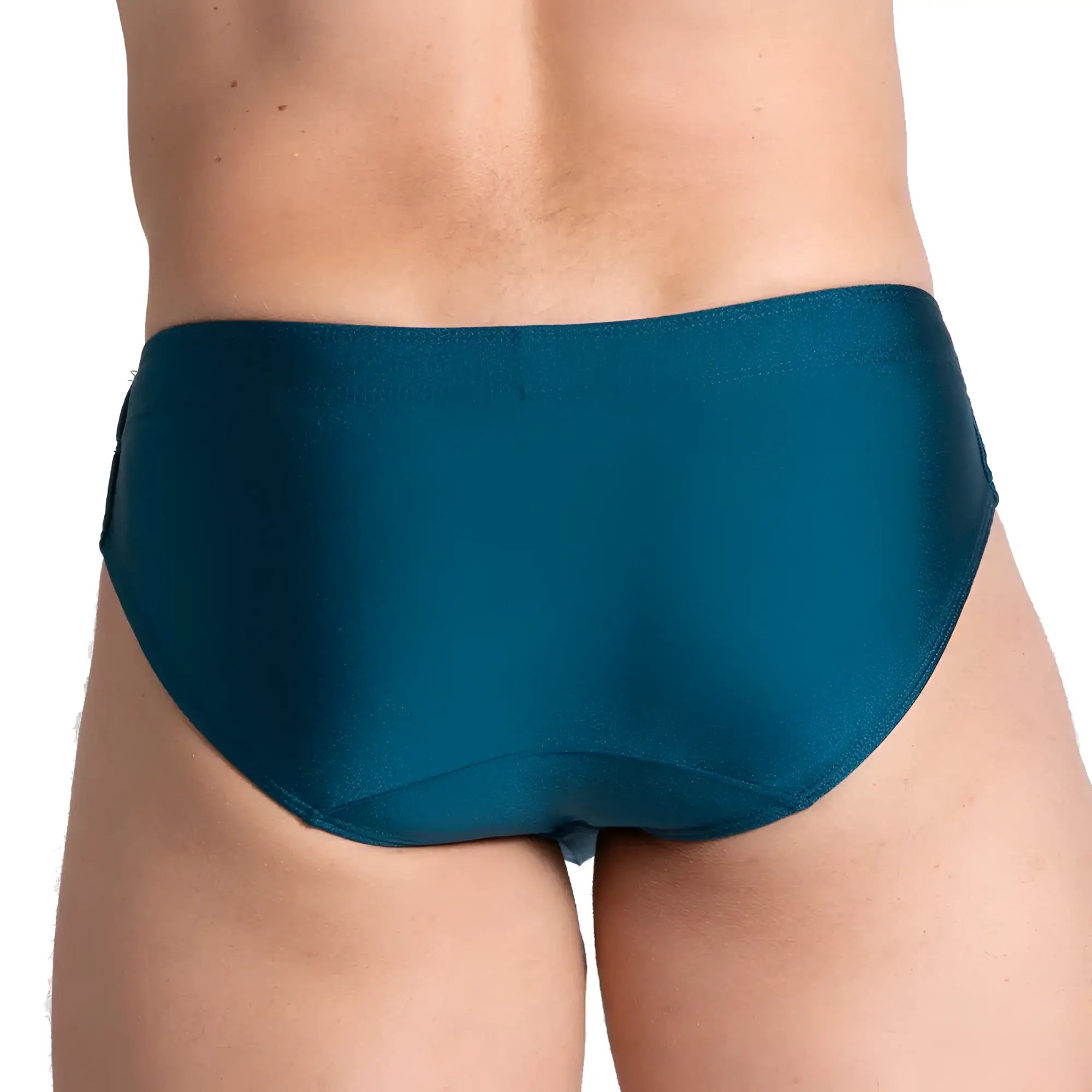 Teal satin gigo flashing green swim brief with smooth glossy finish showing front side of swimwear