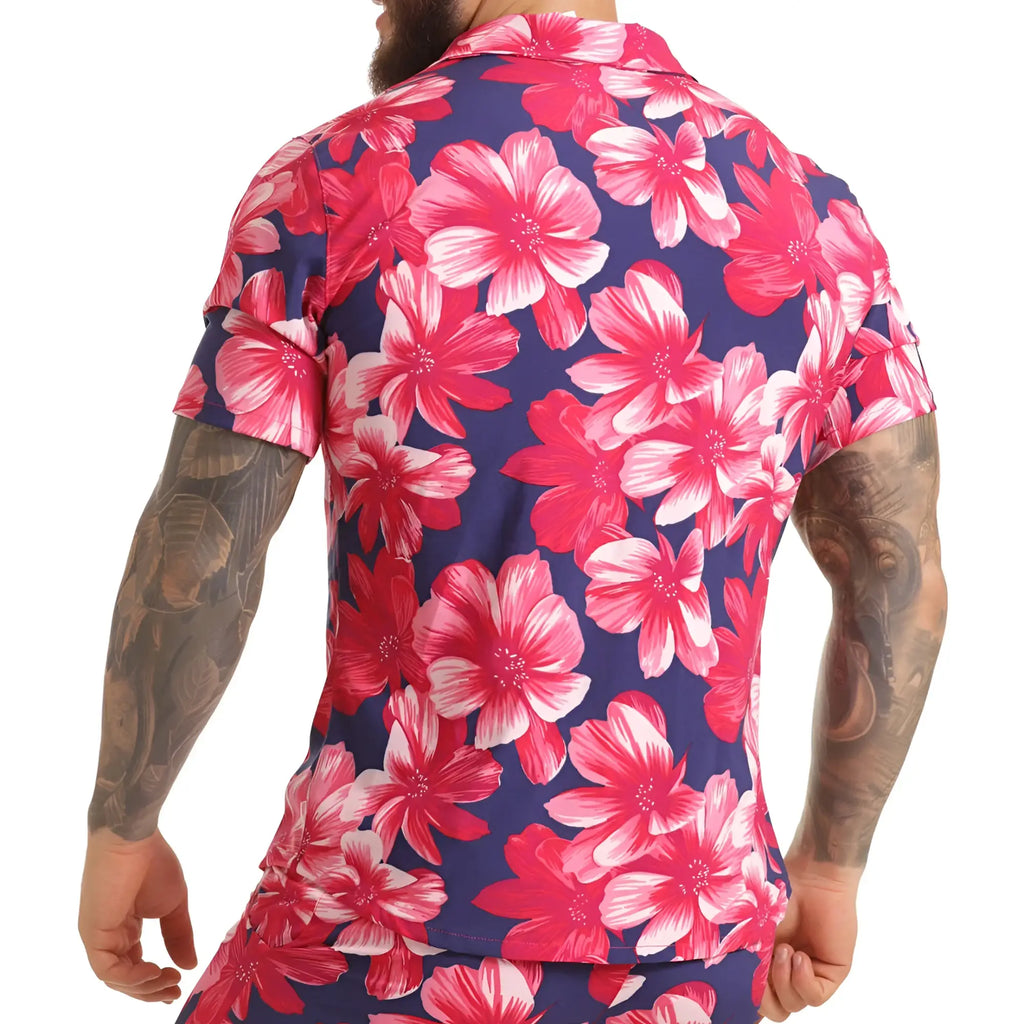 Gigo Flowers fucshia navy blue short-sleeved hawaiian shirt with vibrant pink and white hibiscus floral print