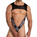 Black gigo men’s lingerie foamy harness with shiny mesh top and bold white logo straps front view