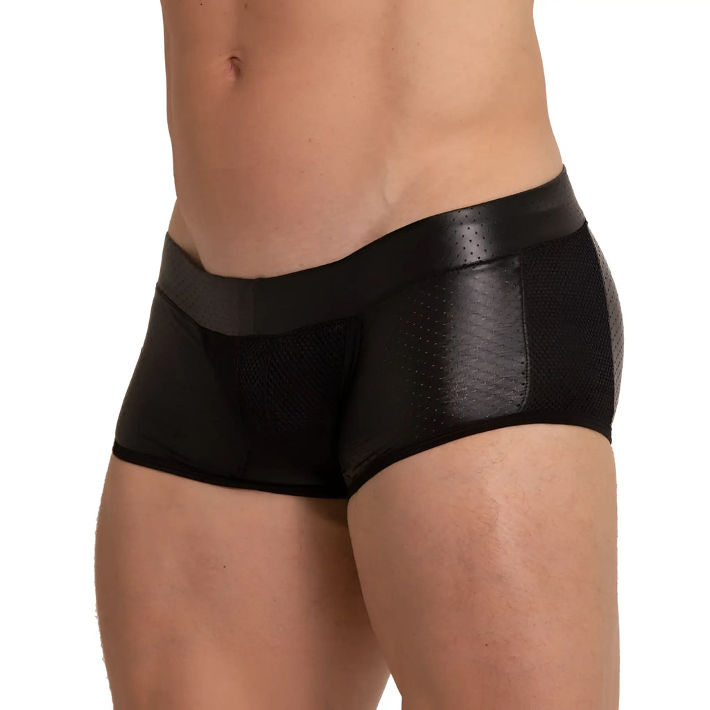 Black men’s briefs gigo foamy trunk with glossy faux leather waistband and perforated mesh panels