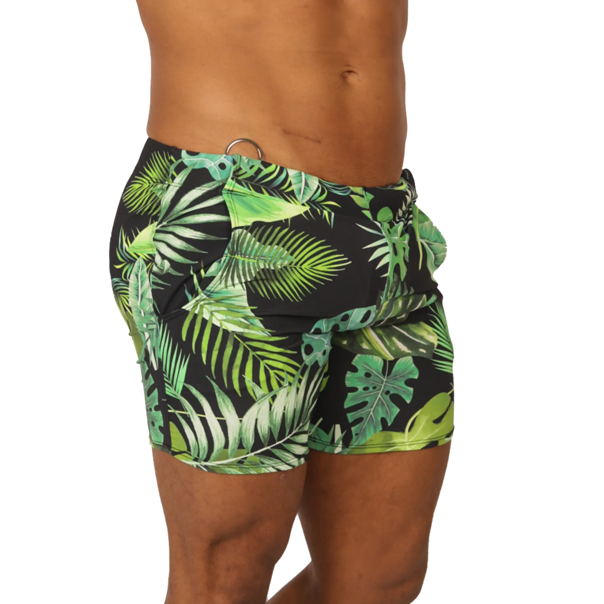 Black swim trunks with vibrant green tropical leaf pattern from Gigo Forest beachwear for summer beach use