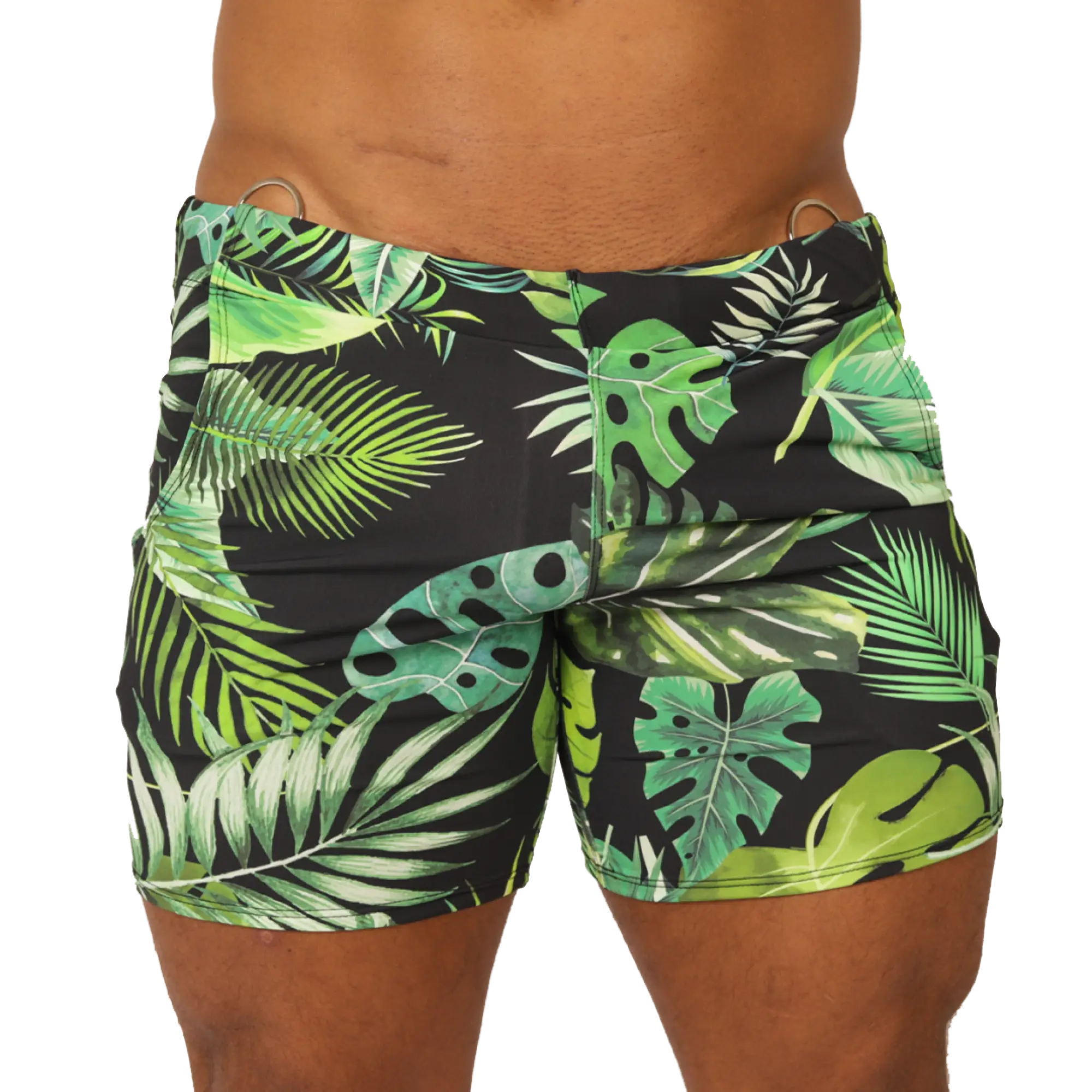 Black swim trunks with vibrant green and lime tropical leaf pattern and metallic silver waistband rings by Gigo Forest Beachwear