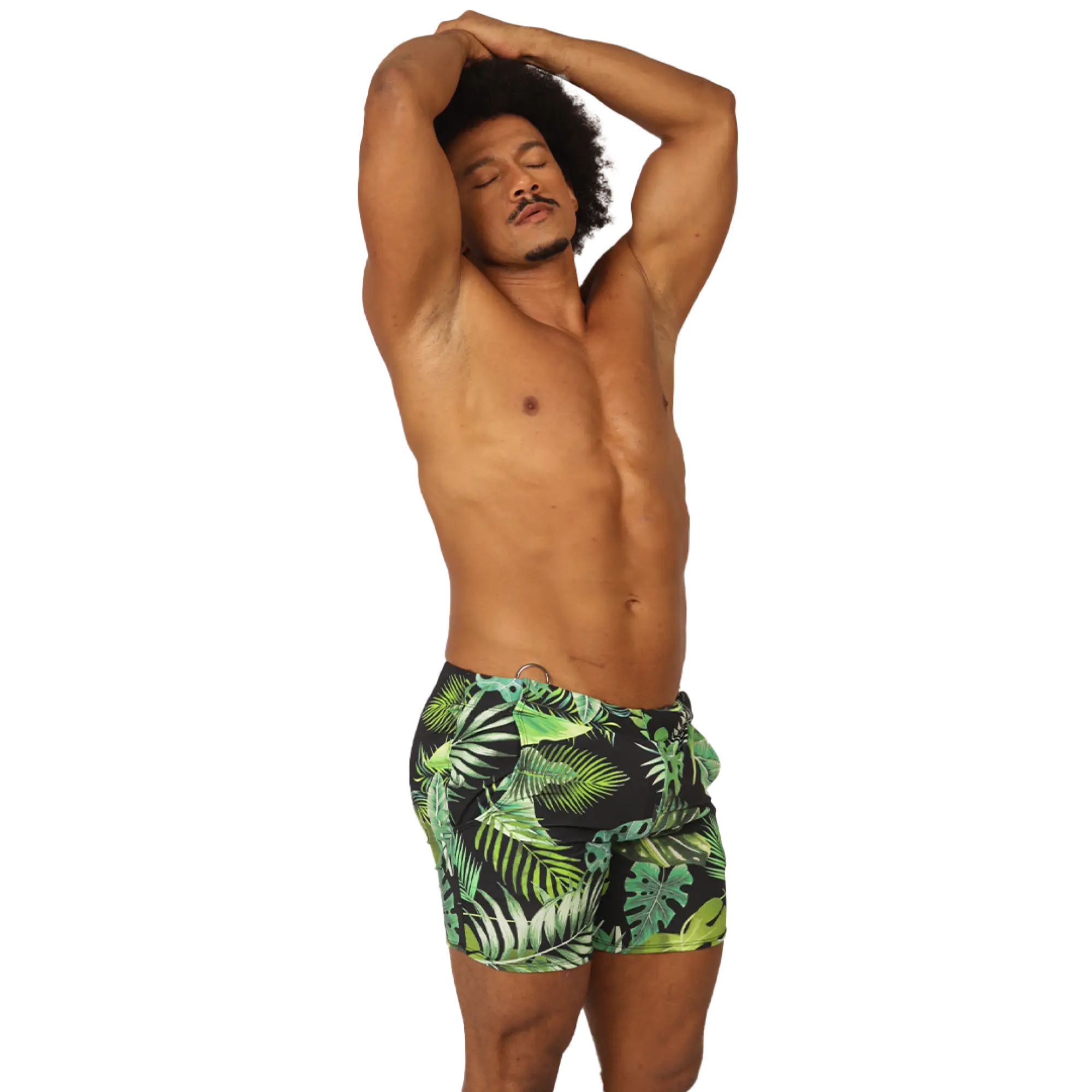 Men’s black swim trunks with vibrant green and lime tropical leaf pattern from Gigo Forest Beachwear