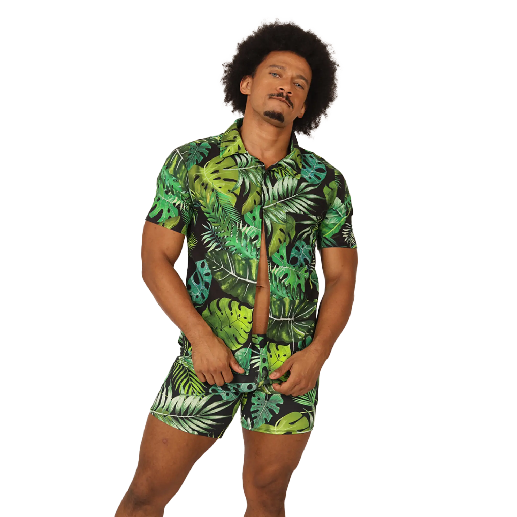 Gigo forest shirt green tropical leaf patterned short-sleeved button-up shirt and matching shorts set