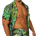 Gigo forest shirt short-sleeved button-up with vibrant green tropical leaf pattern on black base fabric