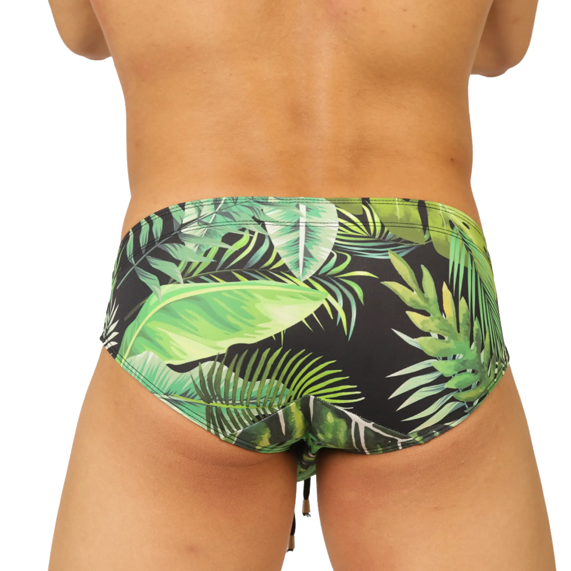 Black gigo forest swimbrief with vibrant green tropical leaf pattern made for swimming and beachwear