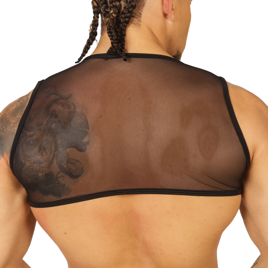 Back view of black sheer mesh gigo forest vest harness with black trim and visible tattoo on wearer’s back