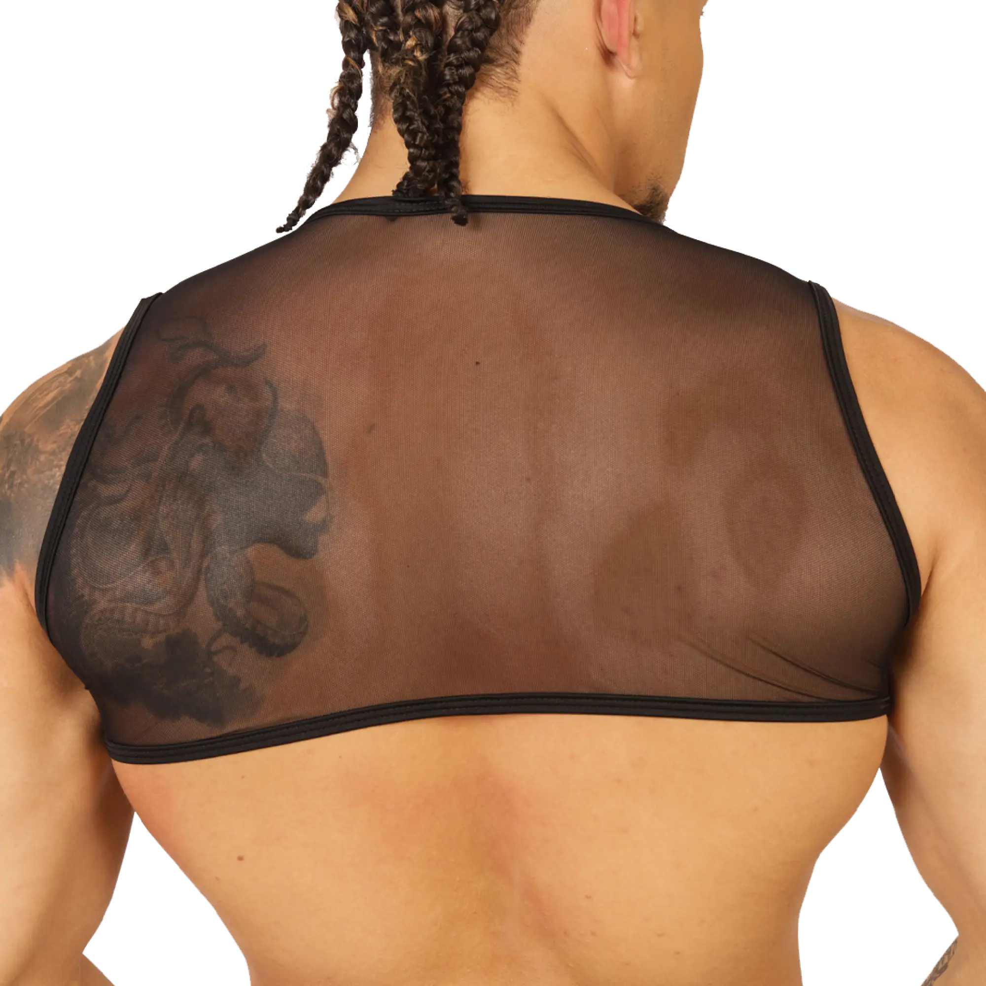 Back view of black sheer mesh gigo forest vest harness with black trim and visible tattoo on wearer’s back