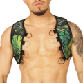 Green tropical leaf patterned gigo forest vest harness with black trim and silver metal rings for secure fit