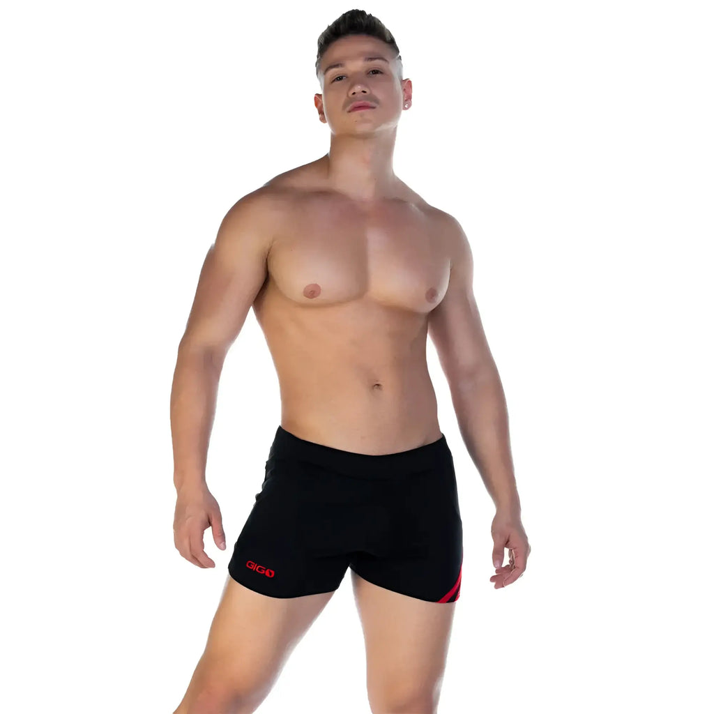 Black athletic shorts with red accents and gig logo on left leg gigo forever black red short