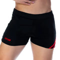 Black athletic shorts with red side stripes and gigo logo on the left leg from the gigo forever black red short line