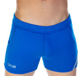Bright blue Gigo Forever blue king athletic shorts with snug elastic waistband side pockets and white logo on lower left leg