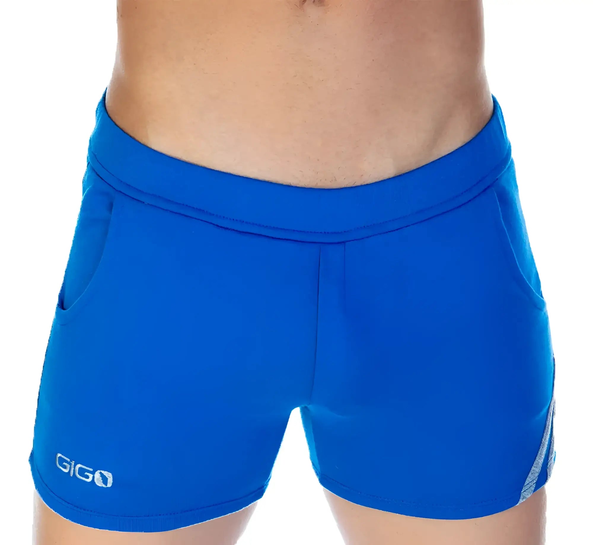 Bright blue Gigo Forever blue king athletic shorts with snug elastic waistband side pockets and white logo on lower left leg