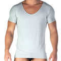 A slim-fit heather gray short-sleeved gigo forever gray tshirt with a deep scoop neckline made of soft fabric