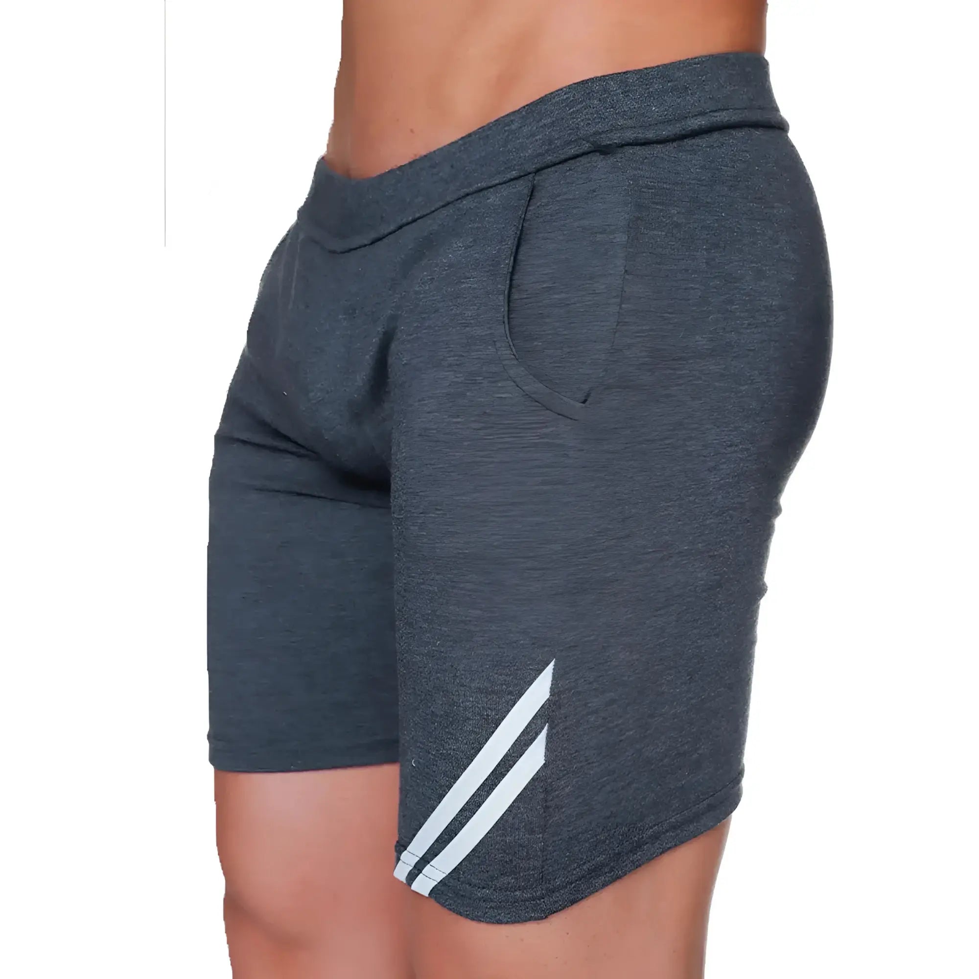 Gigo Forever Long gray shorts dark gray heathered athletic shorts with two white diagonal stripes on the side