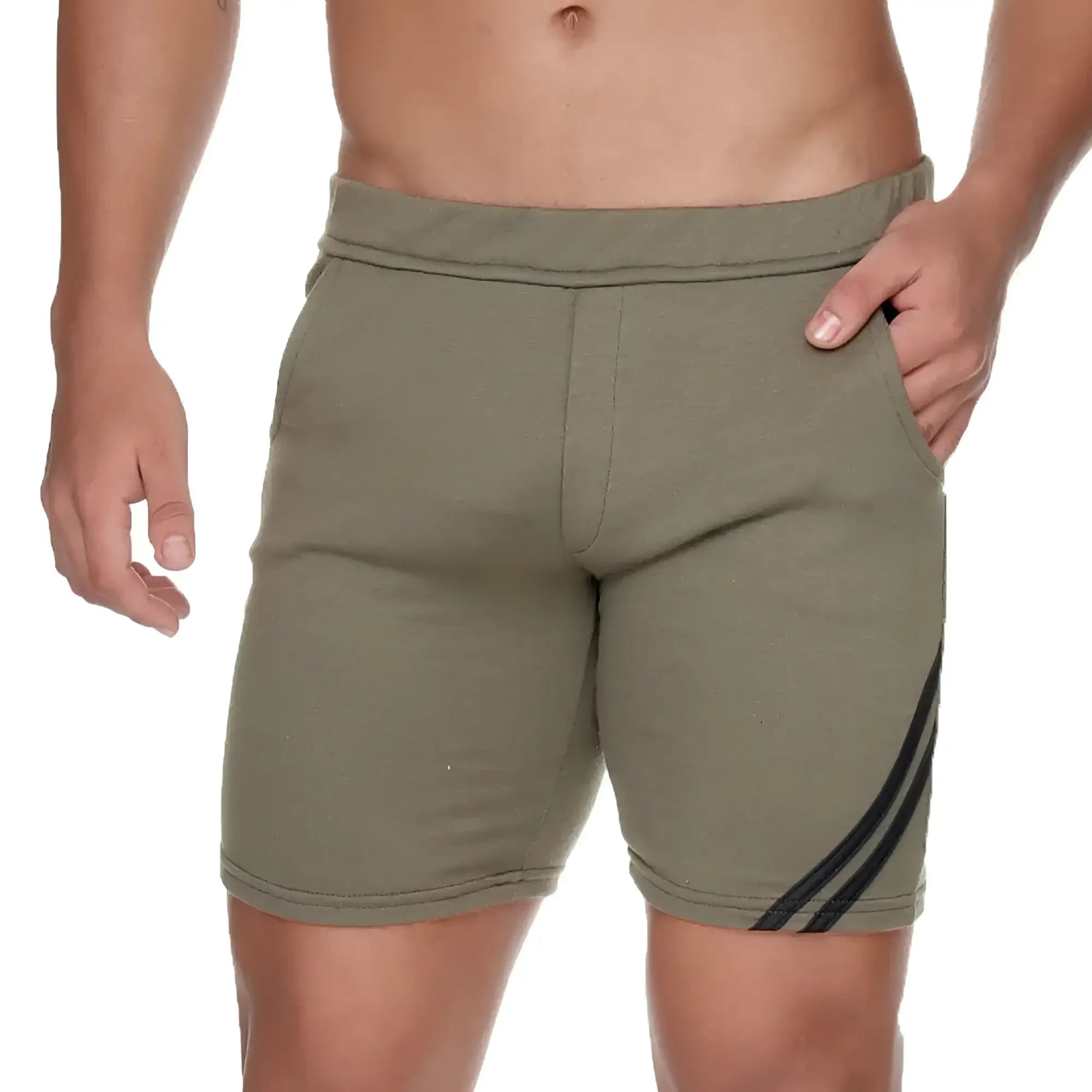 Olive green gigo forever long athletic shorts with black diagonal side stripes for activewear use