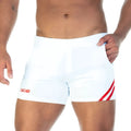White athletic shorts with red diagonal stripes and gigo logo on the left leg from the Gigo Forever collection