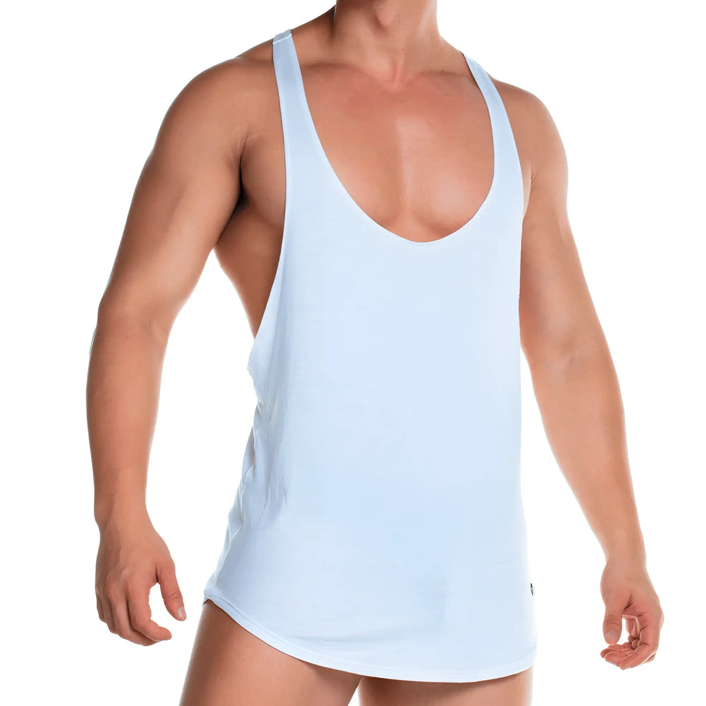 Light blue sleeveless gigo forever white tank top with deep scoop neckline and curved hemline for casual wear