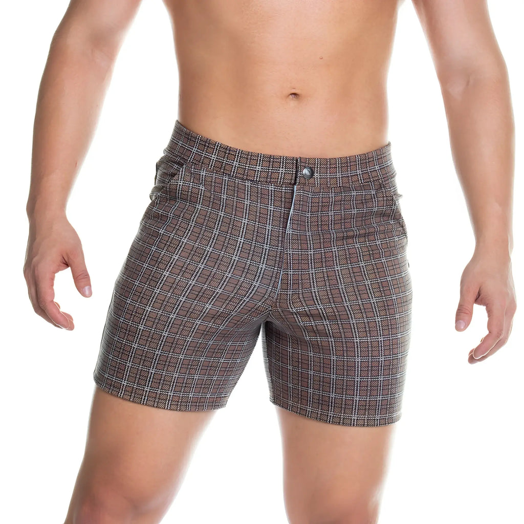Gigo formal brown square short men’s plaid shorts with button closure in brown and white for casual wear