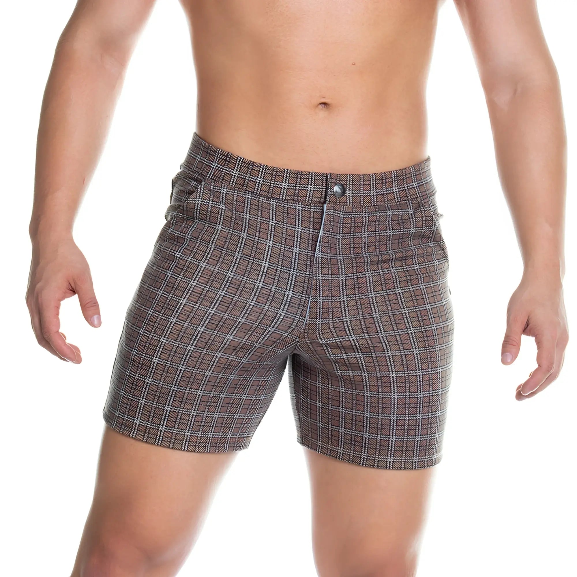 Gigo formal brown square short men’s plaid shorts with button closure in brown and white for casual wear