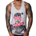 White cotton tank top with a black-and-white print of Freddie Mercury and red text reading "FREDDIE MADE ME GAY."