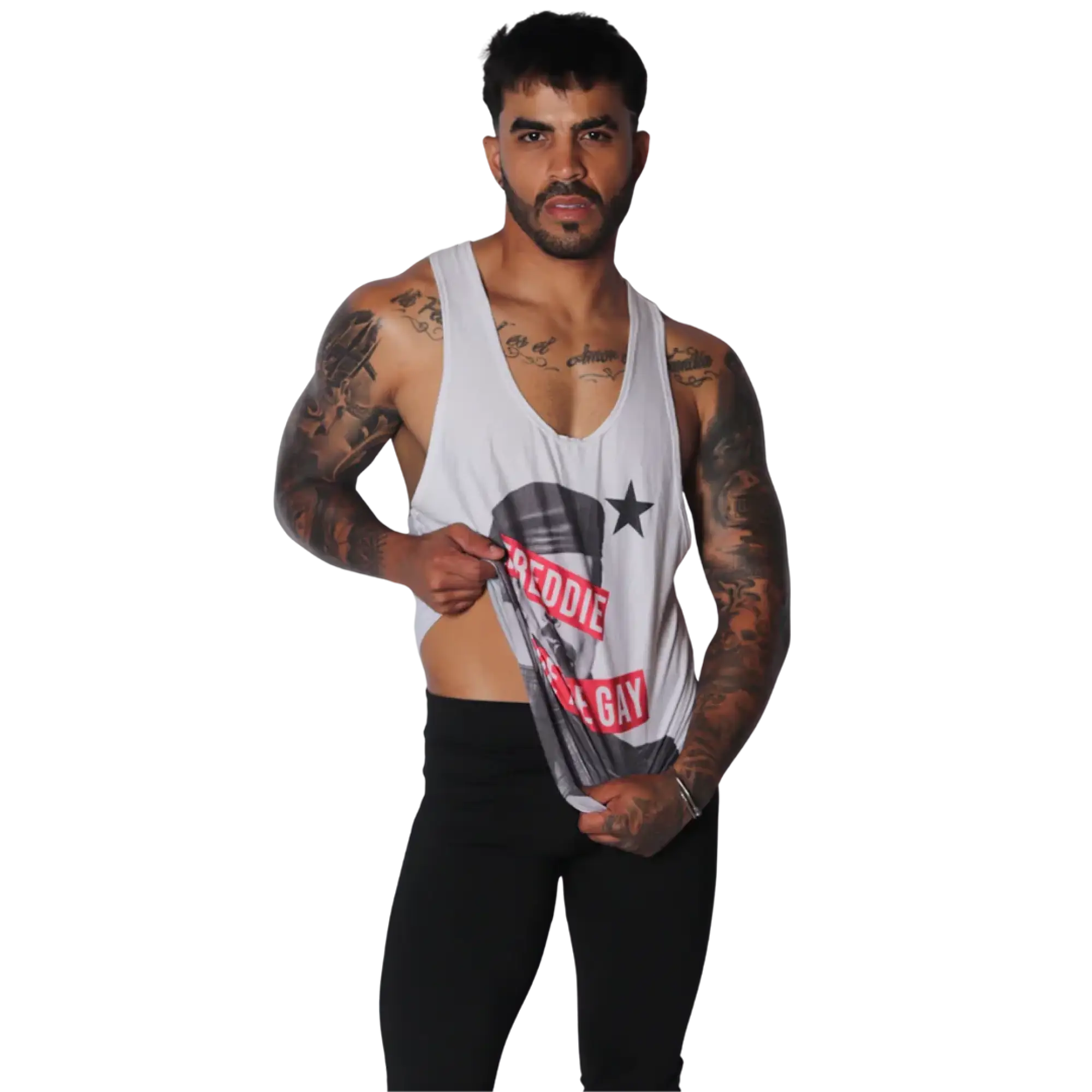 White cotton racerback tank top featuring a black and white Freddie Mercury graphic and red text detail.