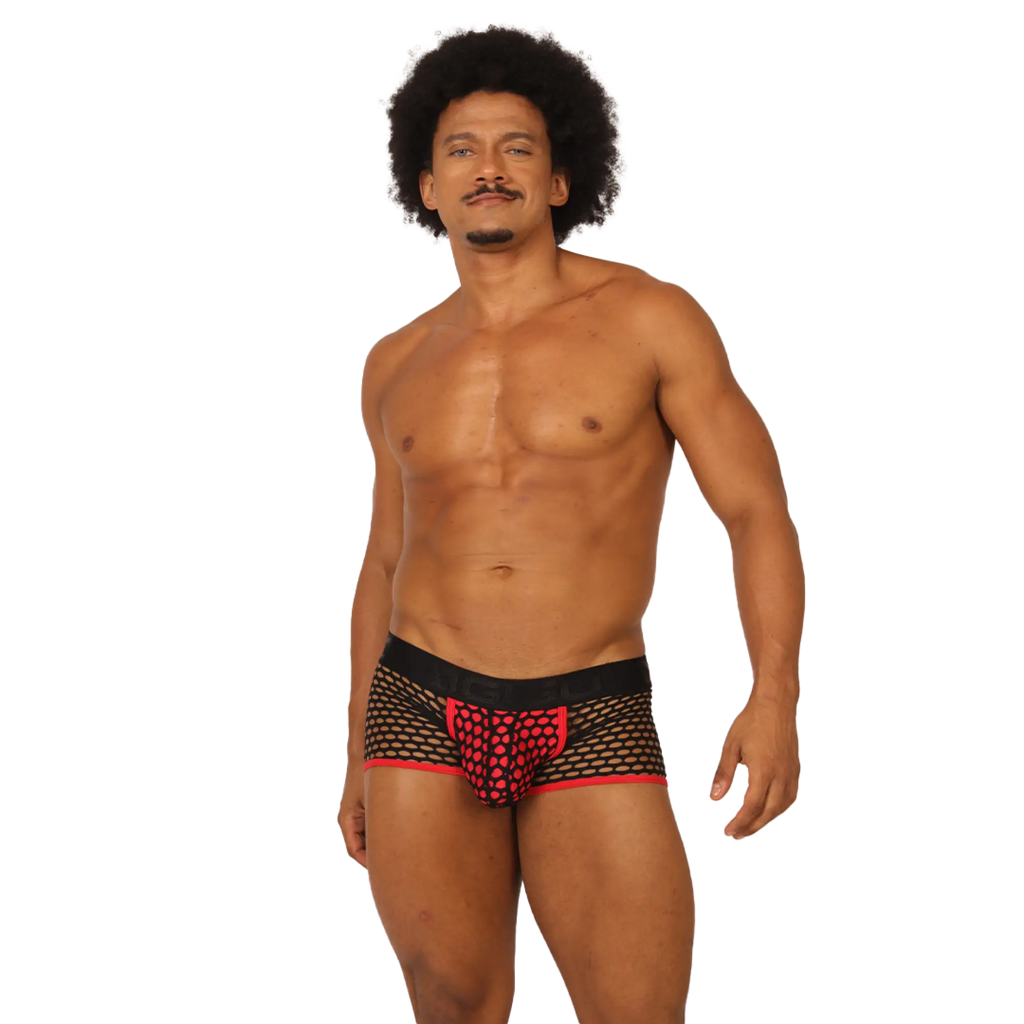 Gigo fresh fuchsia trunk black mesh briefs with red heart patterned front panel and matching red trim