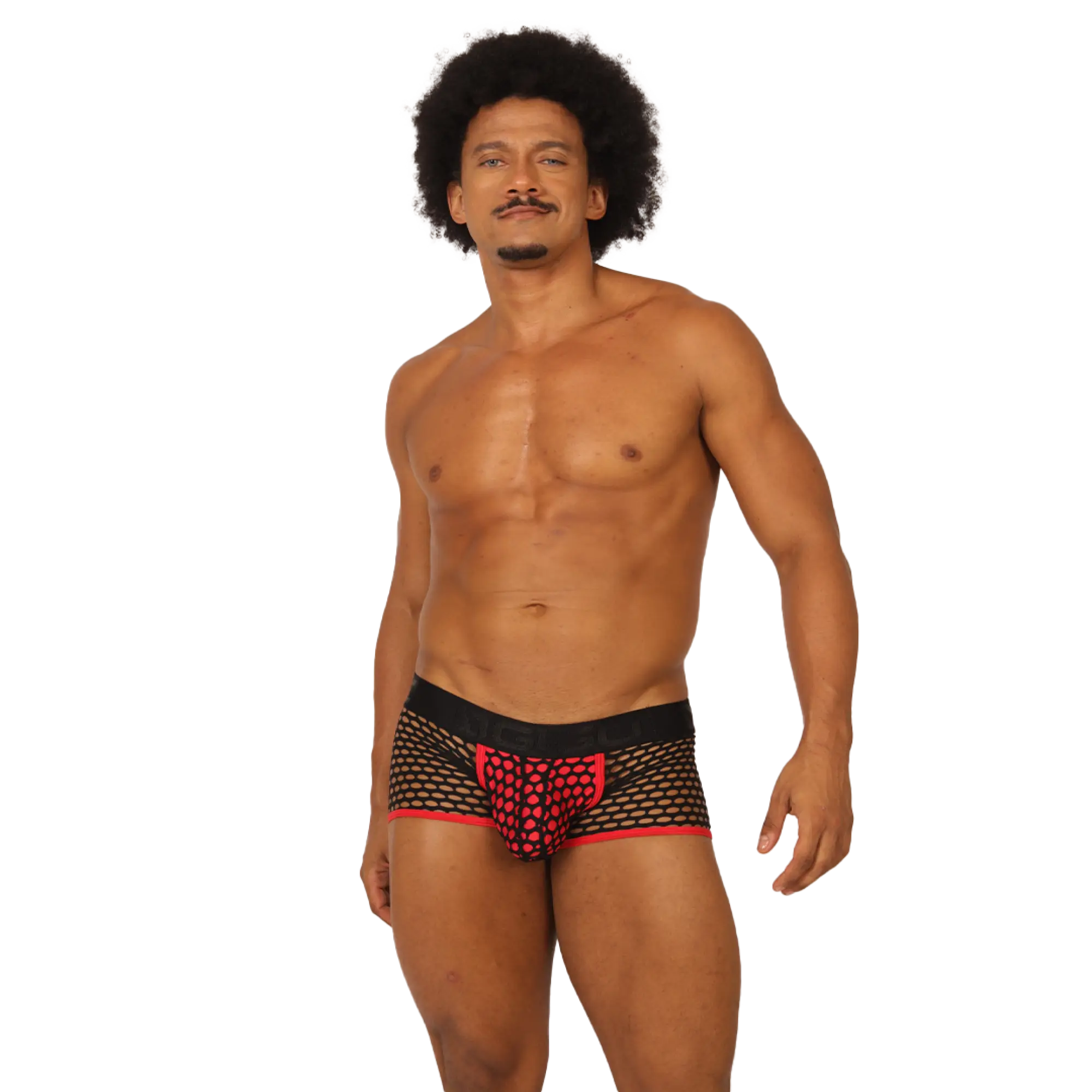 Gigo fresh fuchsia trunk black mesh briefs with red heart patterned front panel and matching red trim